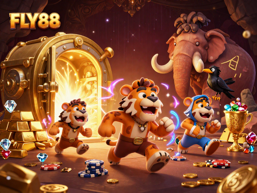 FLY88 casino scene with engaging characters and vibrant treasures, showcasing thrilling gameplay.