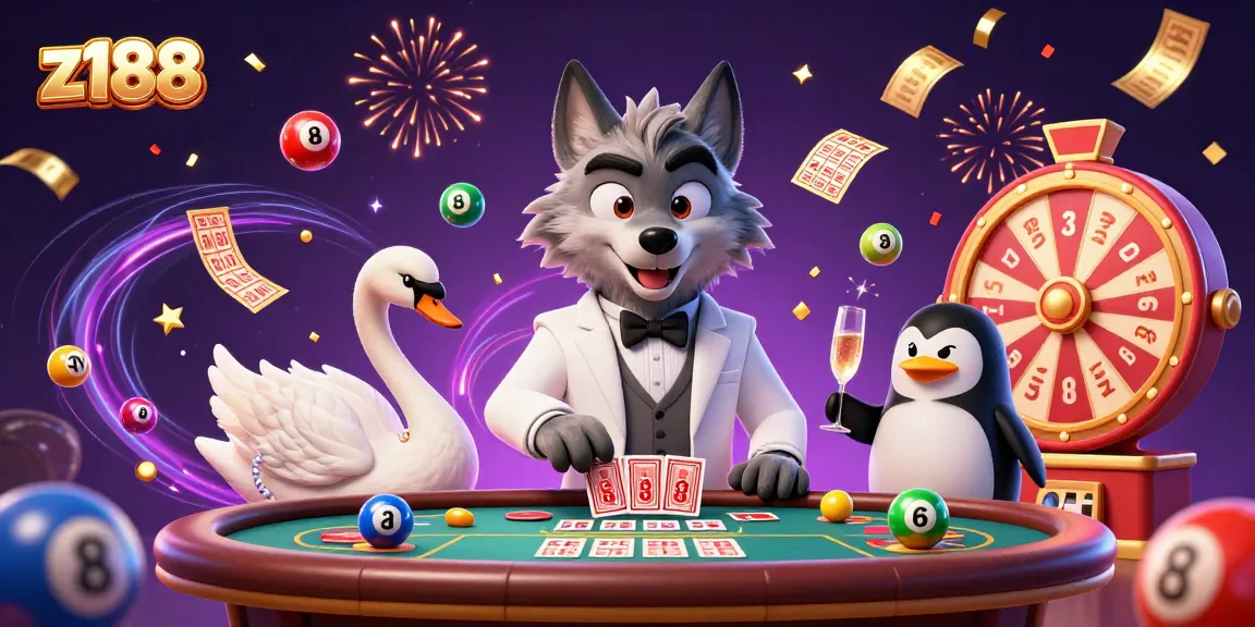 Experience excitement with z188 as a debonair wolf plays baccarat with a swan dealer and penguin sommelier.