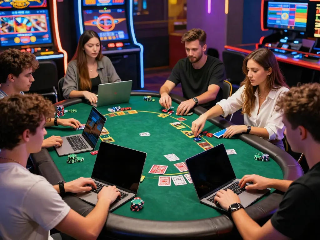 Group of friends enjoying a live dealer game, showcasing online casinos that accept credit cards in an exciting casino-themed environment.