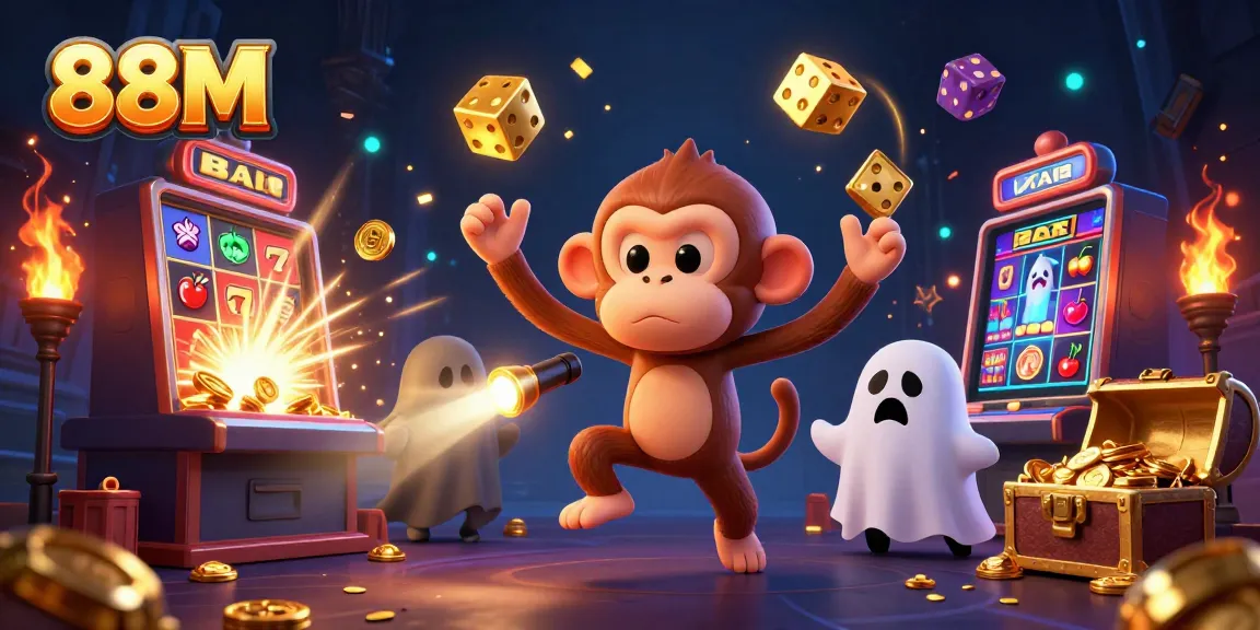 Experience the thrill of 88M with a mystical poltergeist monkey juggling golden coins in a lively casino.