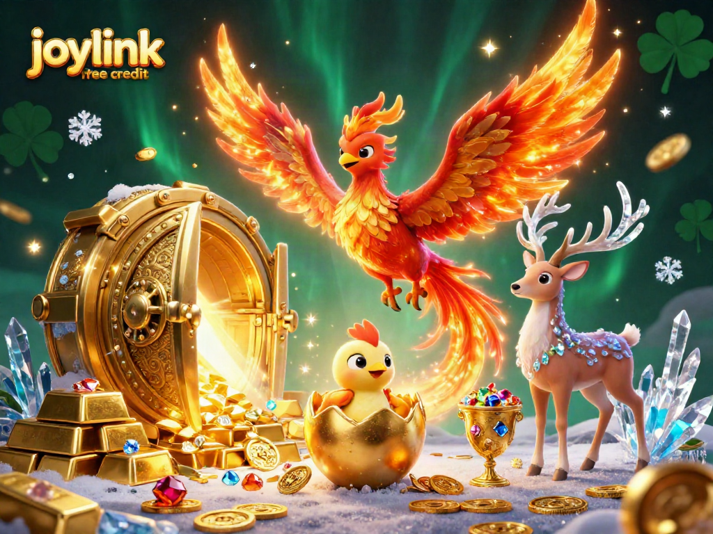 Play with joylink free credit and win treasures in a vibrant 3D casino scene featuring phoenix and mystical stag.