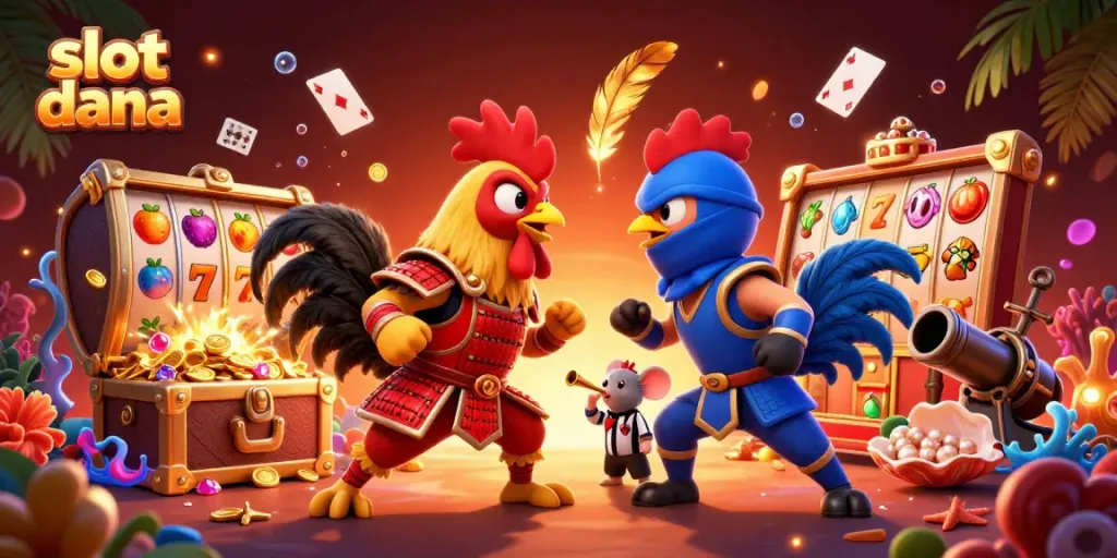 Slot dana bermain dengan simbol slot yang berwarna-warni dan petarung ayam 3D dalam ilustrasi menarik.