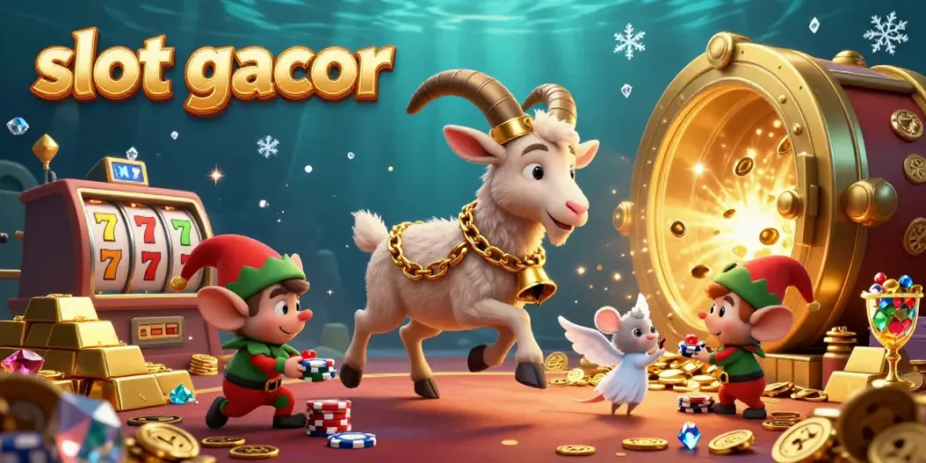 Experience a thrilling slot gacor casino scene with Krampus, an angel mouse, and mischievous gremlins stealing chips.