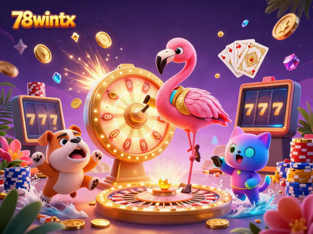 Experience the thrill of gambling at 78wintx with energetic characters among cascading coins and spinning wheels.