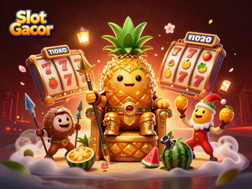 Menangkan Slot Gacor dengan raja nanas emas dan elemen permainan slot berkilau.