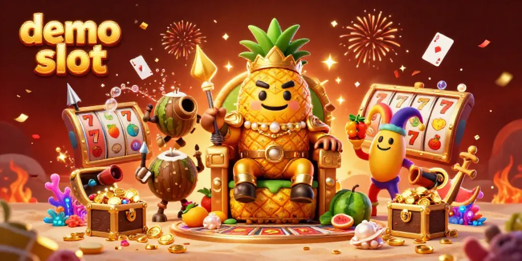 Permainan demo slot dengan raja nanas emas, jester mangga, dan dekorasi kasino yang meriah.
