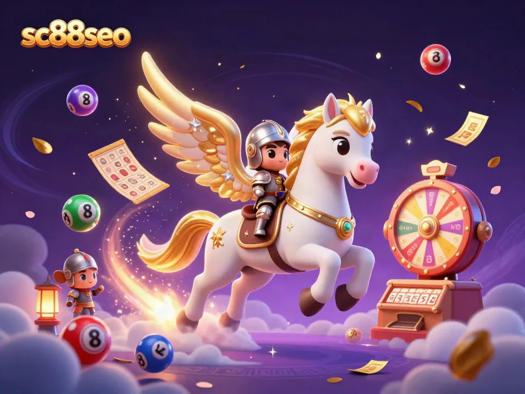 Join the adventure with sc88seo as a knight rides a celestial horse amid vibrant casino elements.