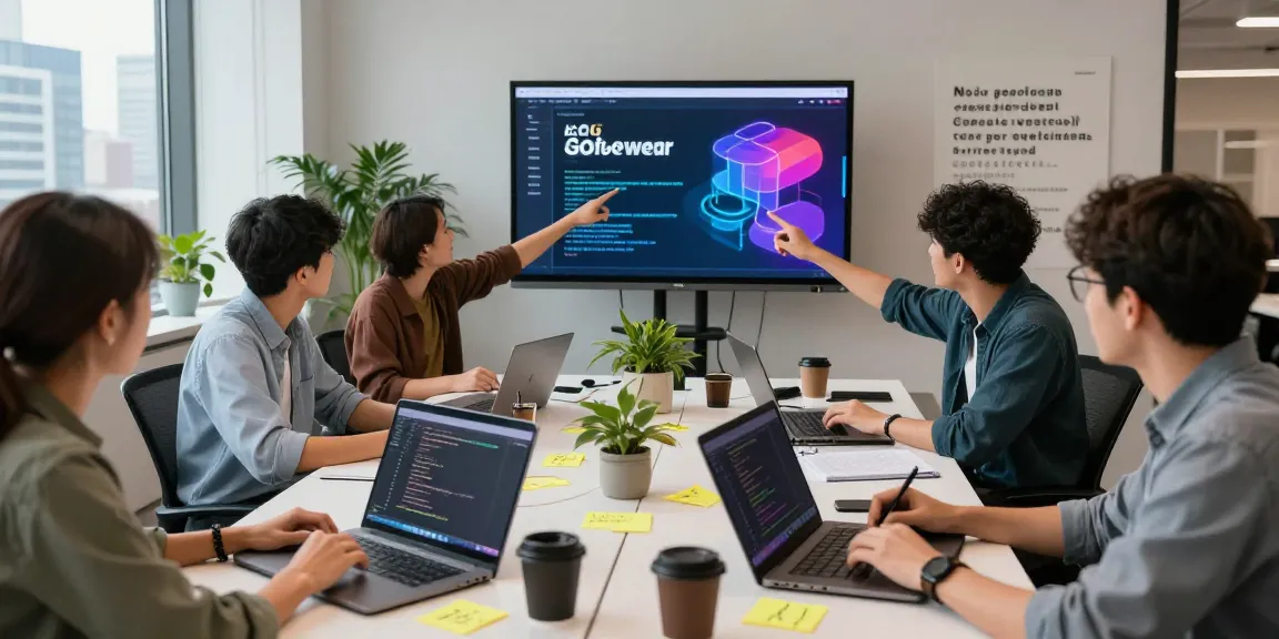 Developers collaborating in a vibrant workspace using an AI image generator technology for creative projects.
