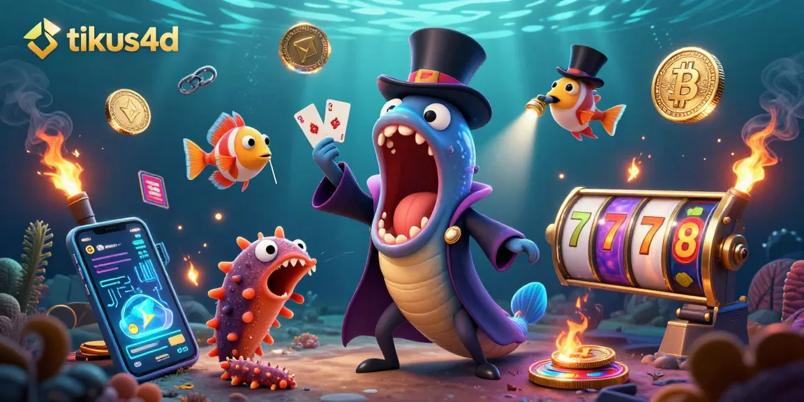 Engage with tikus4d as a bioluminescent deep-sea gulper eel dazzles with magic tricks at a vibrant casino scene!