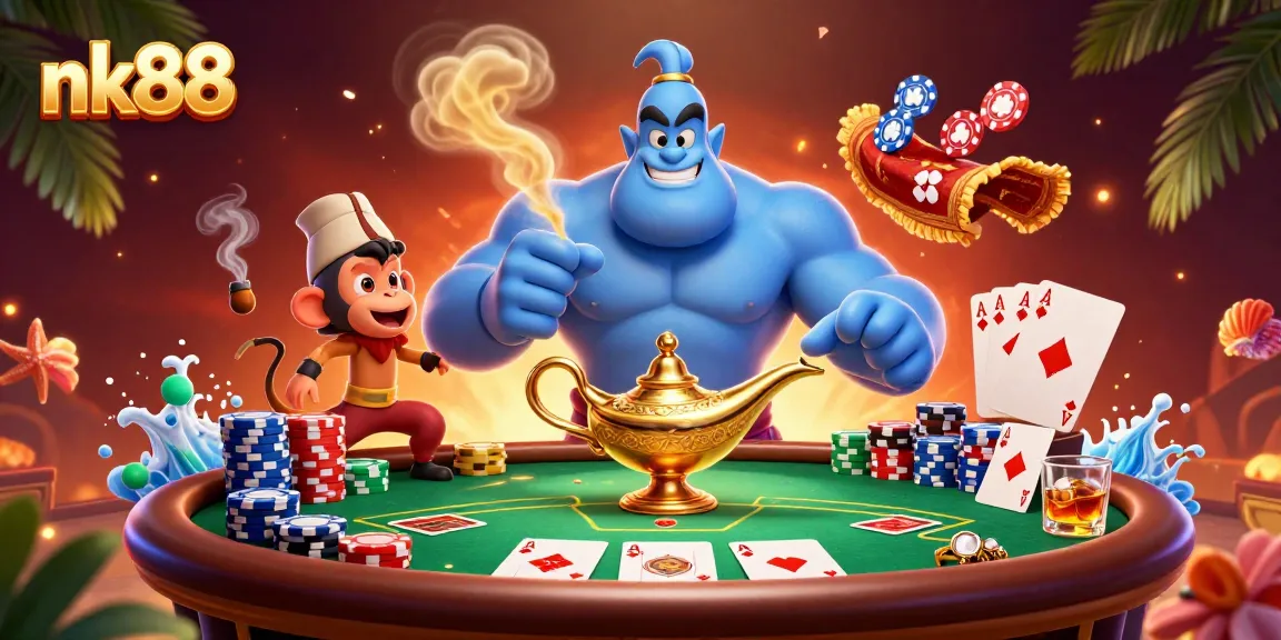 Experience thrilling gameplay with nk88's vibrant casino scene featuring a genie and poker elements.