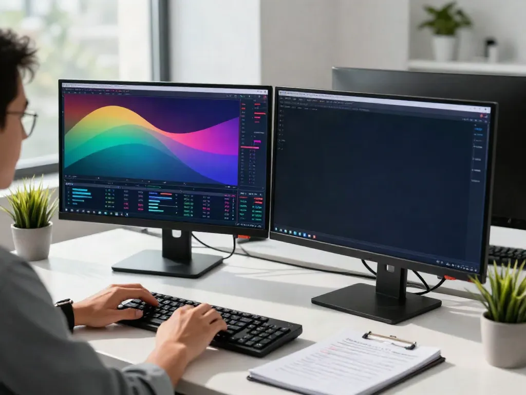 Trader analyzing financial charts on MetaTrader 5 in a modern office.