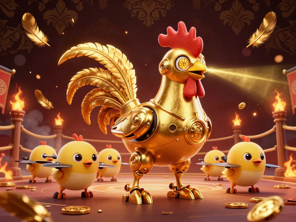 Engage with khuyến mãi ZBET through an electrifying 3D illustration featuring a futuristic golden rooster robot.