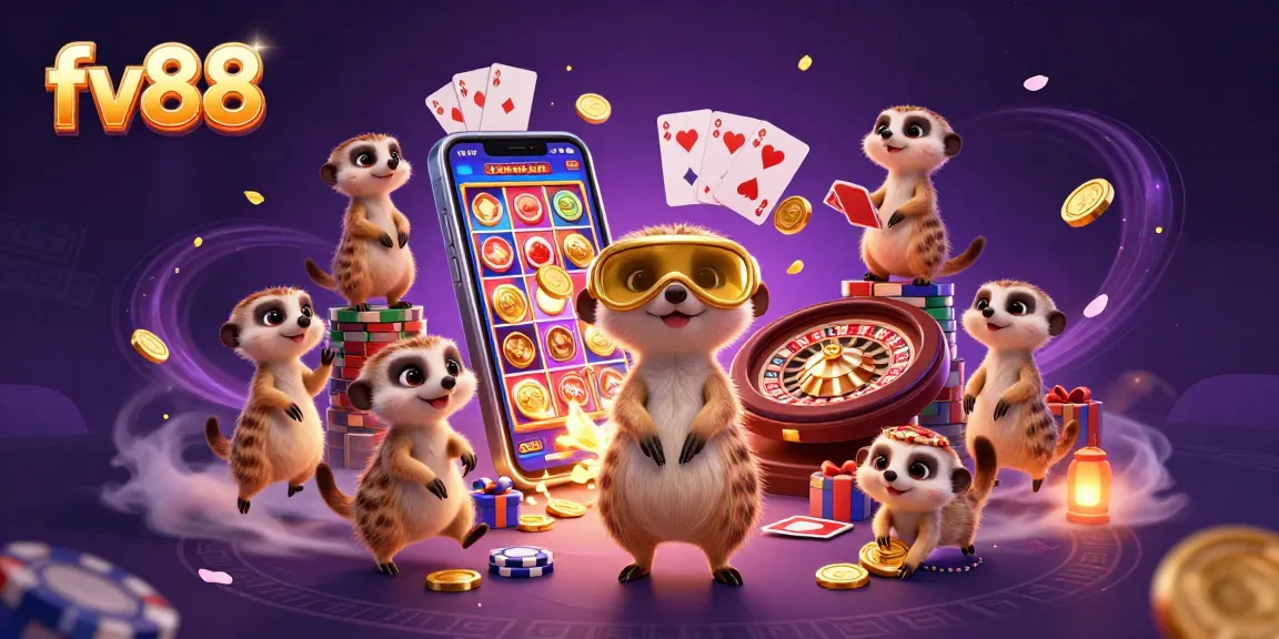 Experience the excitement of fv88 with meerkats running a casino, featuring colorful games and vibrant decorations.