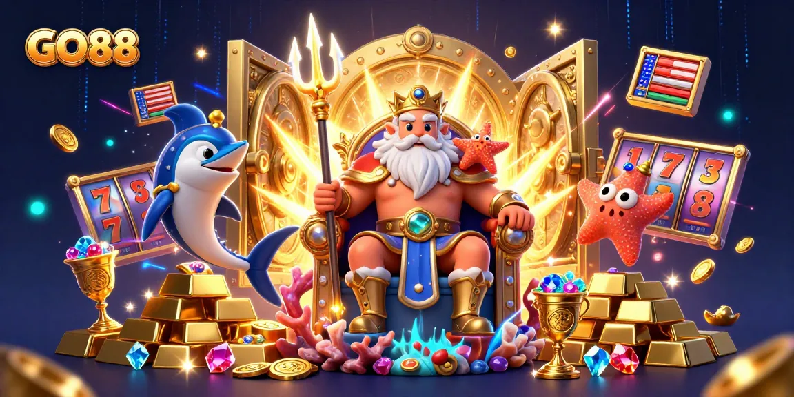 Experience the thrill of GO88 casino with Neptune and treasures in a vibrant 3D digital scene.