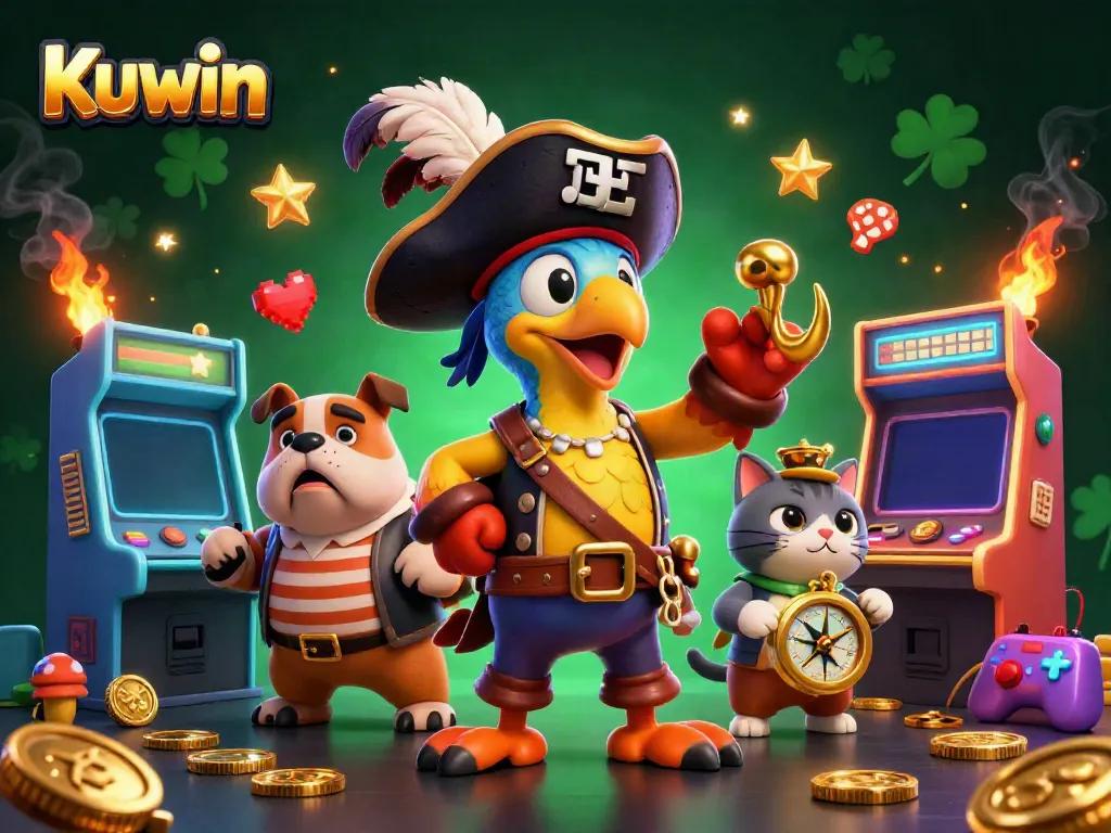 Experience thrilling gaming action at Kuwin, featuring pirate-themed characters with vibrant arcade games.