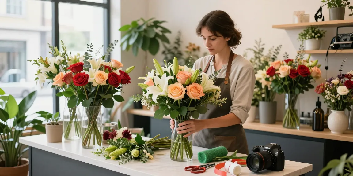Creating a stunning floral bouquet in a flower shop, showcasing vibrant slot of seasonal blooms and greenery.