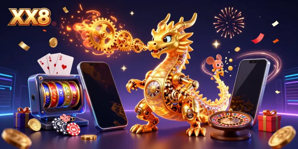 Experience the excitement of XX8 gaming with a dynamic illustration featuring a golden dragon and symbol-filled slots.