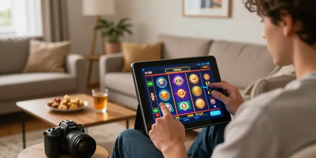 Player enjoying a slot online game on a tablet in a cozy living room.