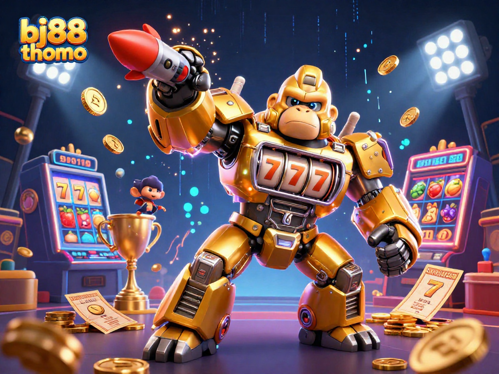 Experience thrilling gameplay with bj88 thomo featuring an engaging 3D golden gorilla mech and immersive casino elements.
