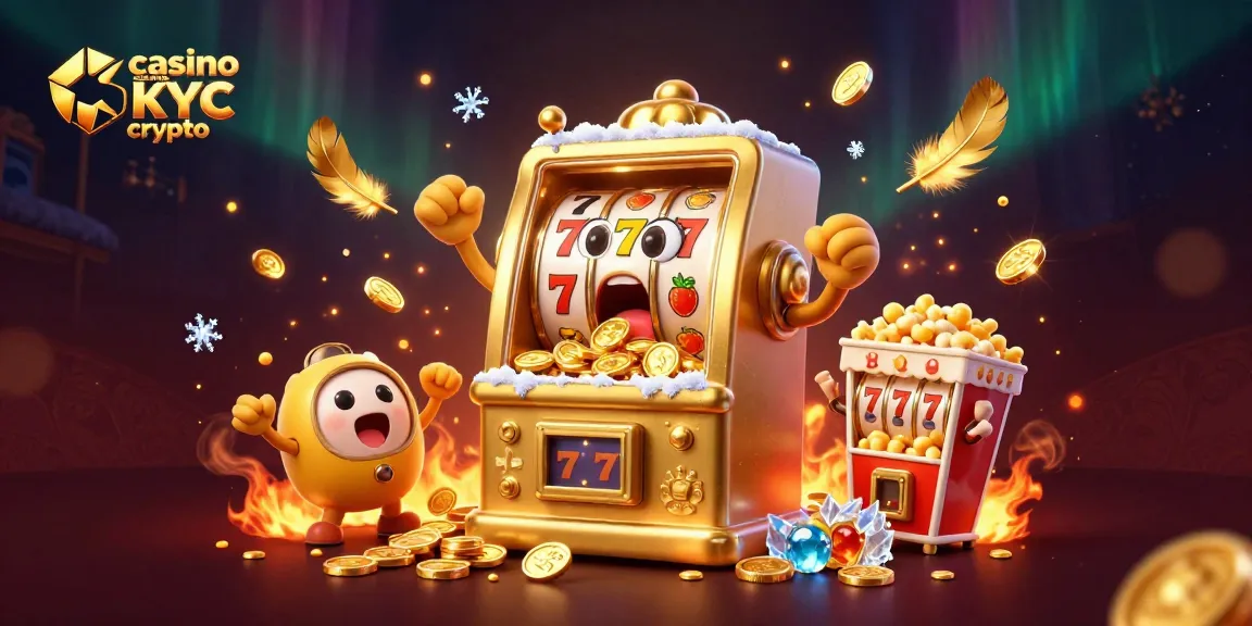 Jouez au casino sans KYC crypto avec des machines à sous dorées et des jetons jeux flottants.