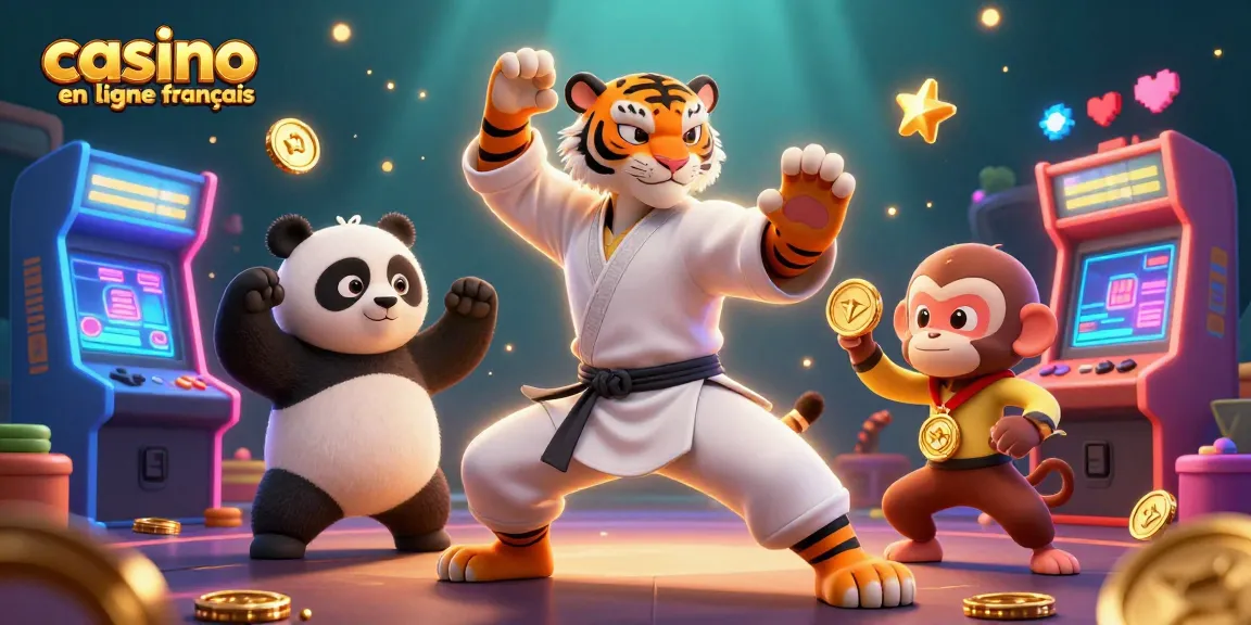 Illustration d'un maître de kung-fu tigre dans un casino en ligne français, entouré de jeux colorés et de médailles d'or.