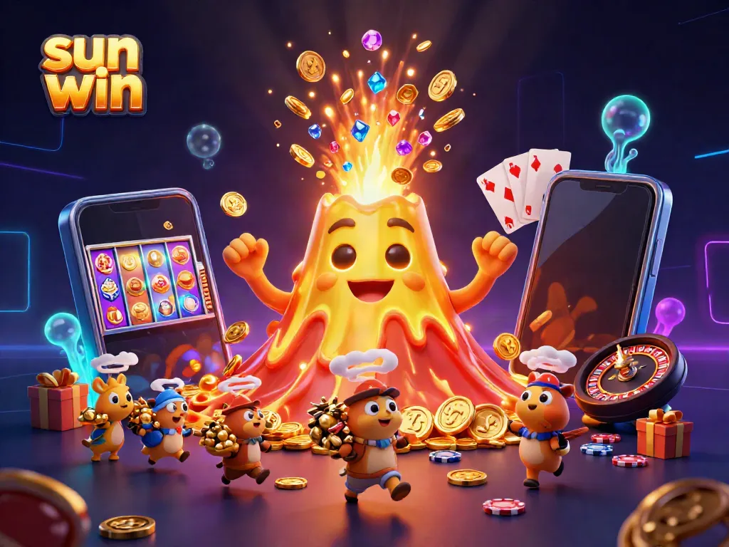 Experience the thrill of sun win with a vibrant illustration of a golden volcano and treasure-filled explorers!