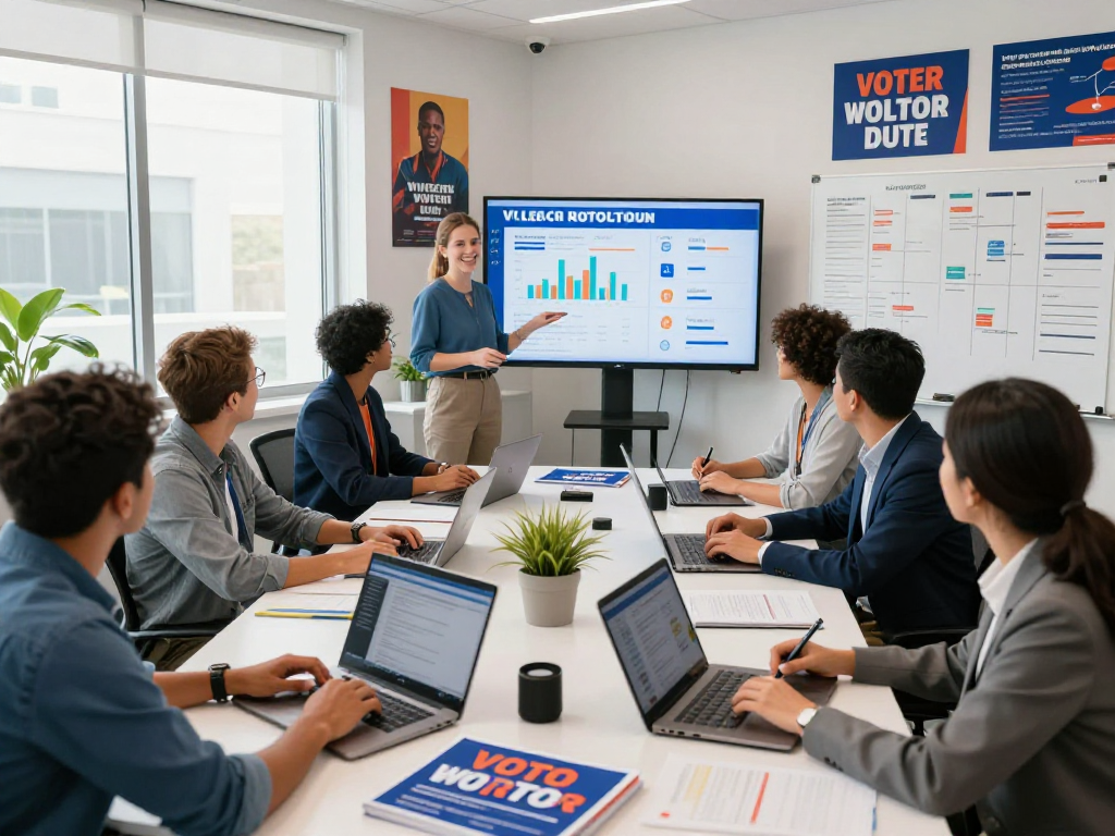 Team collaborating on political marketing strategy, featuring meta political ads authorization data for effective campaigning.