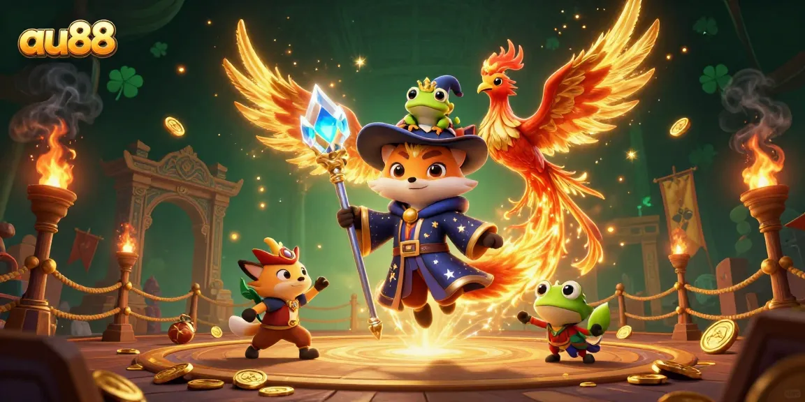 Engage with the thrilling action of au88 casino, featuring a wizard fox and phoenix amid golden sparks.