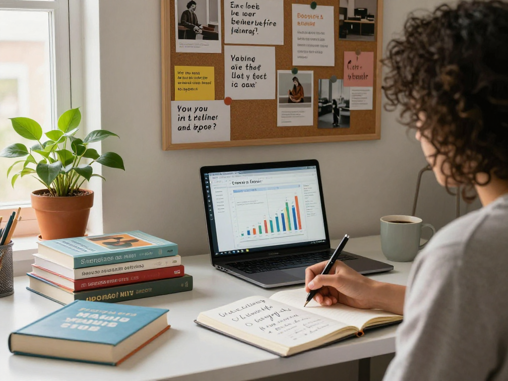 Person inspired by rokok88 in a cozy home office, writing actionable goals surrounded by motivational books and a vision board.