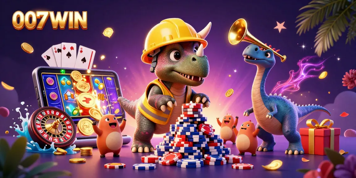 Engage with 007WIN as a triceratops builds poker chips amidst a vibrant casino scene.