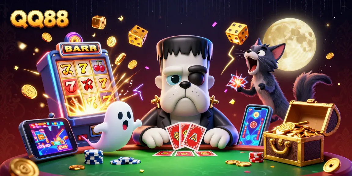 Engage in thrilling card games at QQ88 with cartoon characters and spectacular casino visuals.