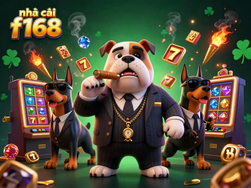 Engage with nhà cái f168 featuring a mafia bulldog in a casino scene surrounded by slots and jackpots.