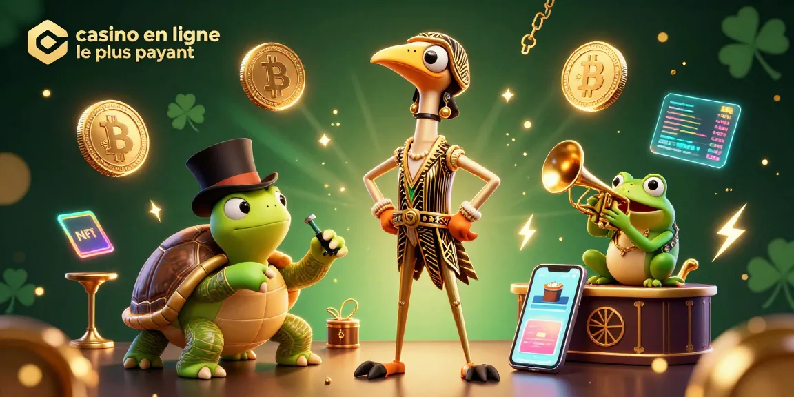 Les personnages du casino en ligne le plus payant s'animate avec des pièces de Bitcoin et Ethereum et un décor scintillant.