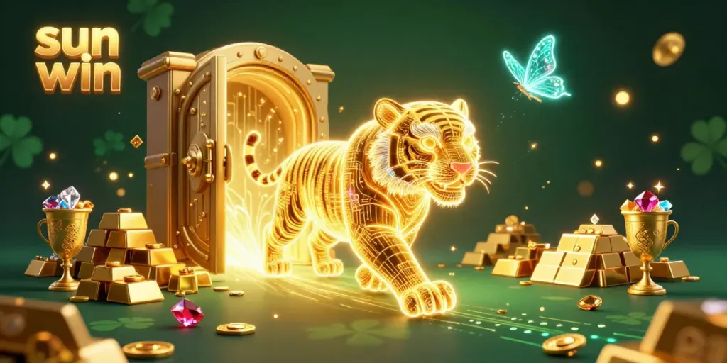 Experience thrilling gameplay with sun win in a vibrant 3D casino scene showcasing golden treasures and a majestic tiger.