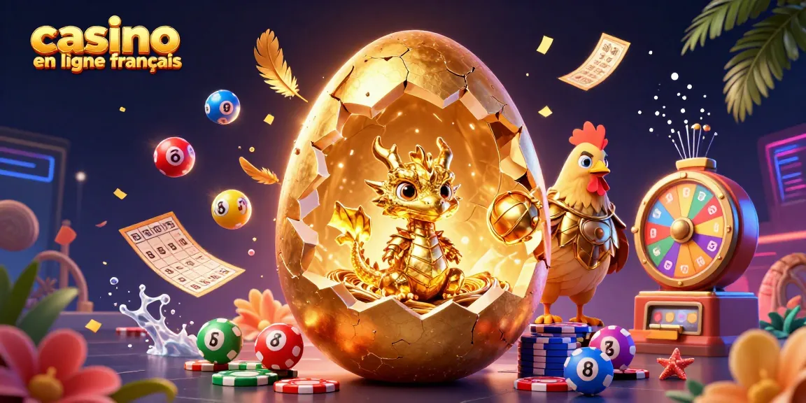 Jouez au casino en ligne français avec des dragons d'or et des éléments de loterie colorés flottants.