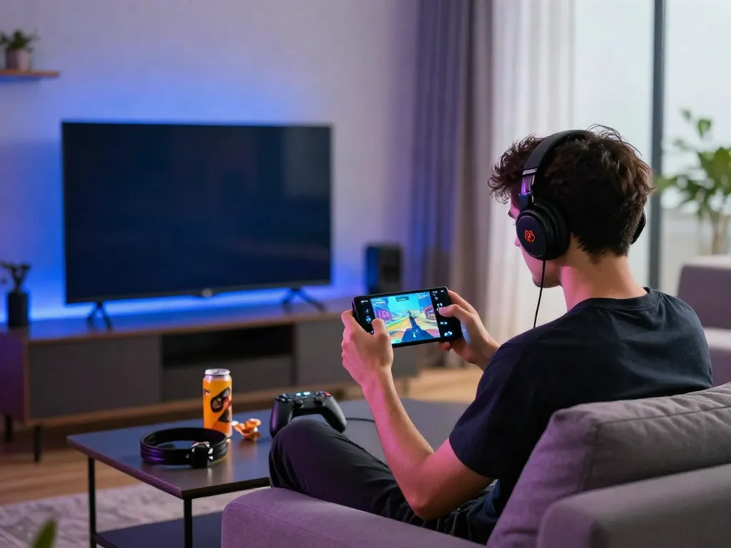 Gamer enjoying the ROKOK88 APK experience in a vibrant living room.