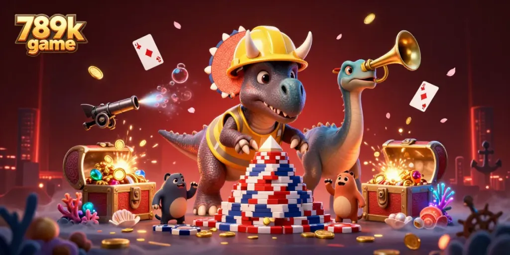 Engage with the vibrant world of the 789k game featuring a triceratops, poker chips, and underwater treasures.