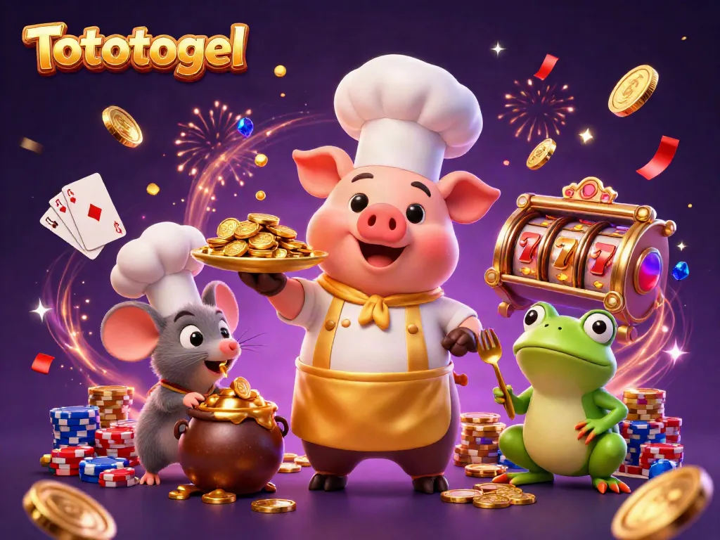 Gambarkan Tototogel dengan karakter menarik dalam ilustrasi kasino ceria dan meriah.