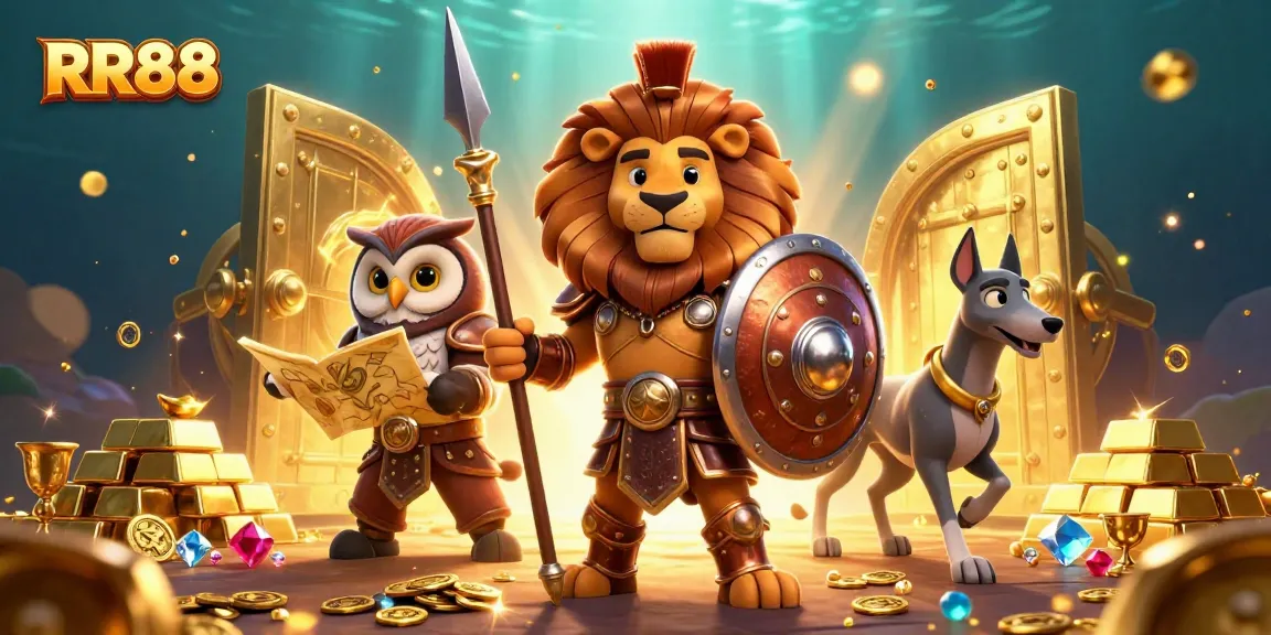 Engage in thrilling jackpots at RR88 with a Spartan lion, wise owl, and swift greyhound amidst dazzling treasures.