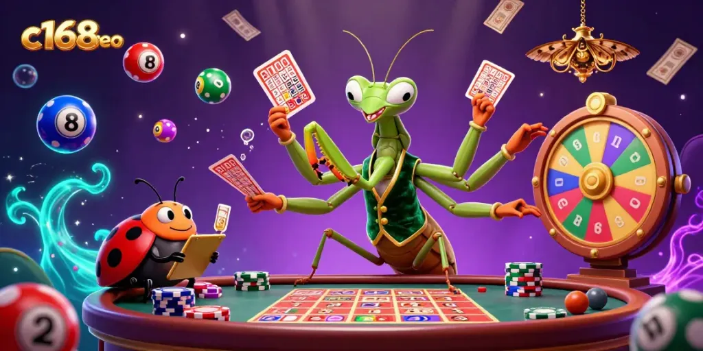 Engage in vibrant casino excitement with c168seo featuring a giant praying mantis card sharp and dynamic lottery elements.
