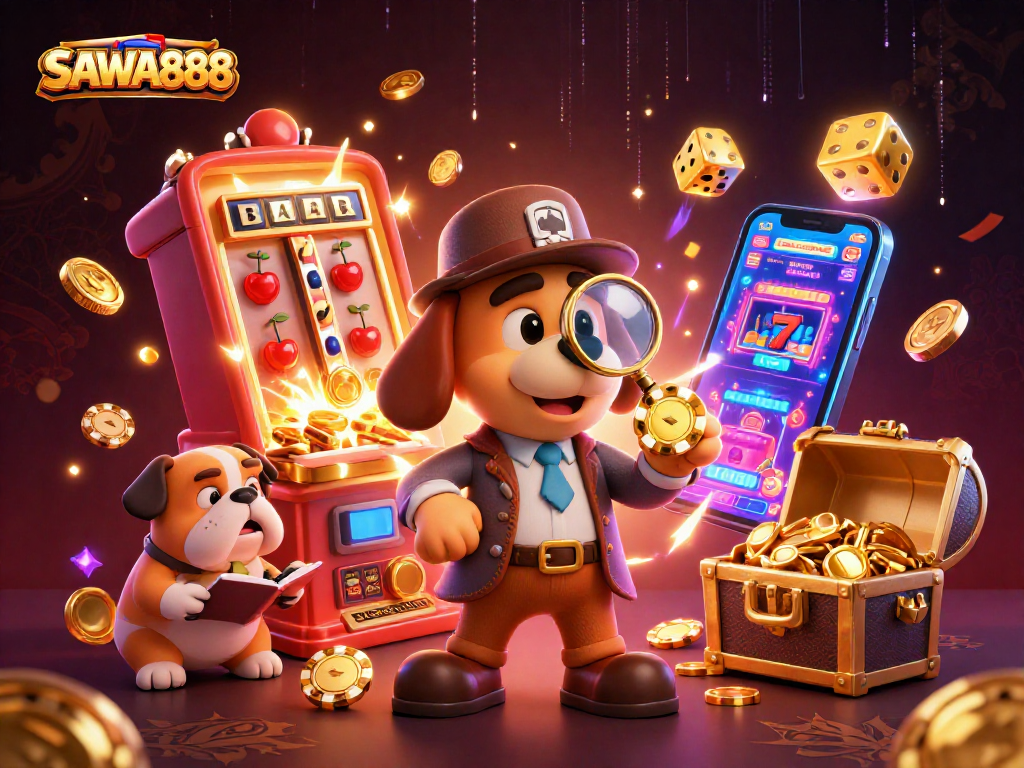 SAWA888 detective leads a treasure hunt in a vibrant casino scene bursting with excitement.