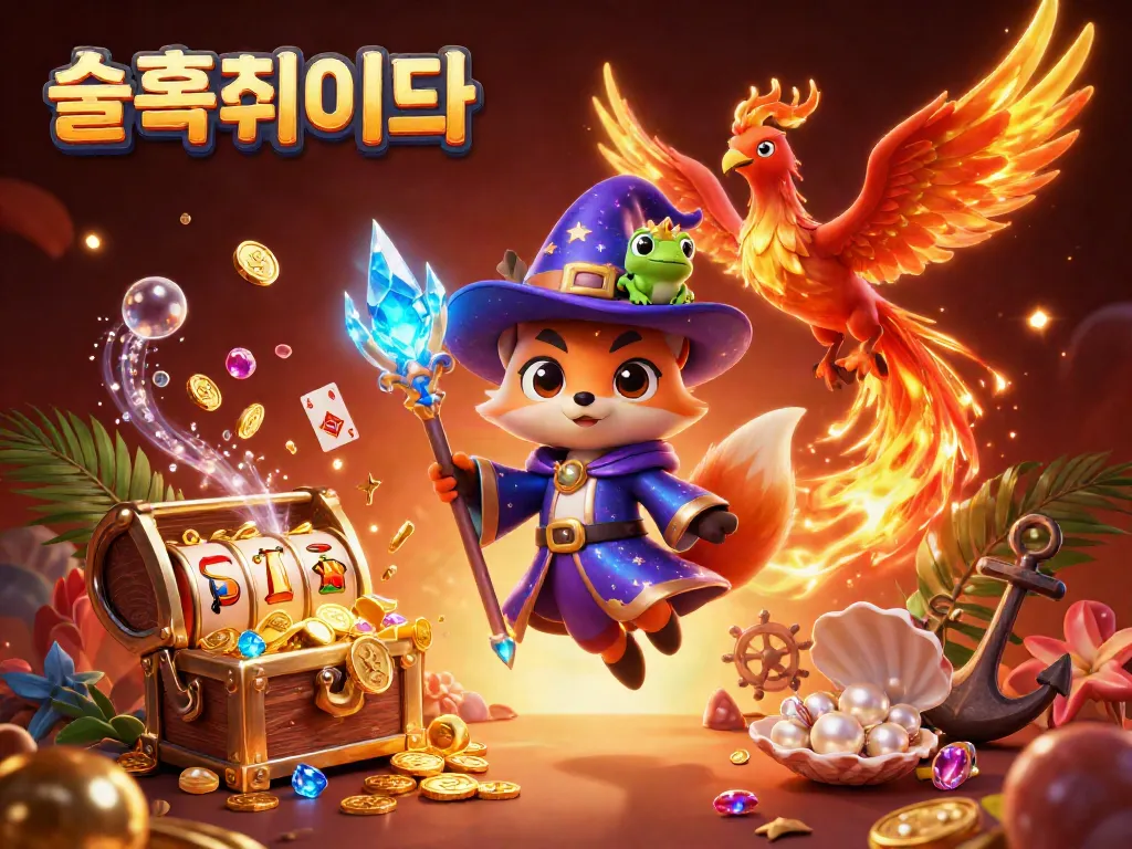 Experience the thrilling world of 슬롯사이트 with a mystical wizard fox and a phoenix, amid exciting slot elements.