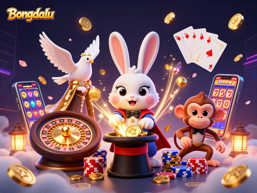 Bongdalu gaming scene featuring a magician rabbit, dove, and monkey amidst casino elements like poker chips and golden coins.
