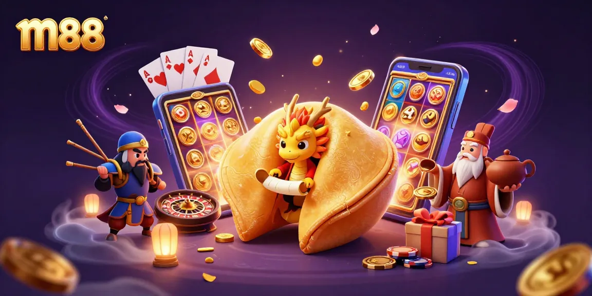 An engaging scene showcasing m88 casino, featuring a giant fortune cookie and dragon surrounded by gaming elements like slots and poker cards.