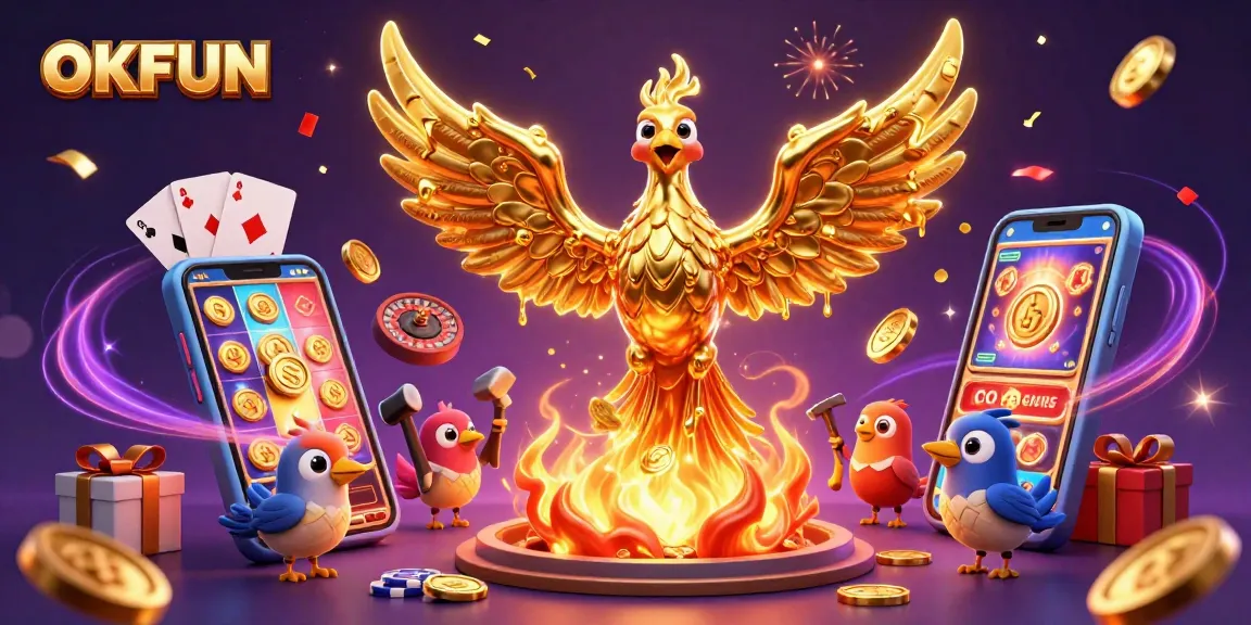 Engage with OKFUN's vibrant casino experience, featuring an energized 3D phoenix and colorful game elements.