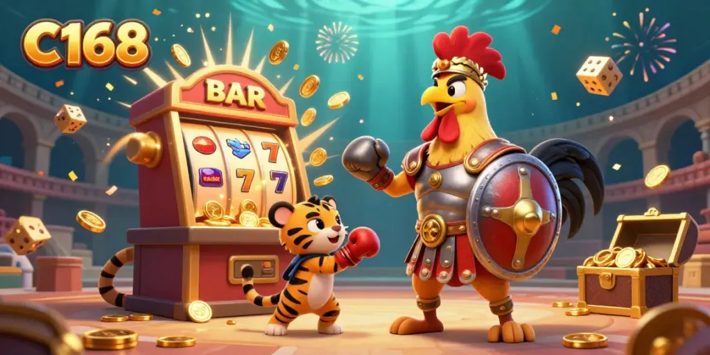 C168 jackpot illustration featuring a gladiator rooster and a tiger cub in a dynamic casino setting.