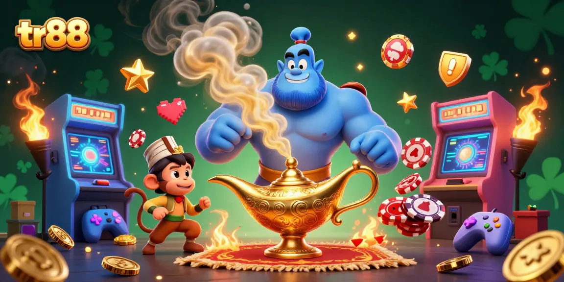 tr88 features a muscular blue genie and an Aladdin-style monkey enjoying a vibrant casino adventure