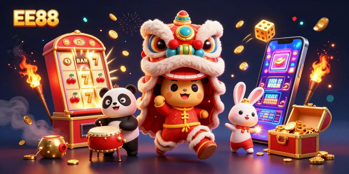 Experience the excitement of EE88 with a vibrant illustration of festive casino elements, slot machines, and a lion dance.