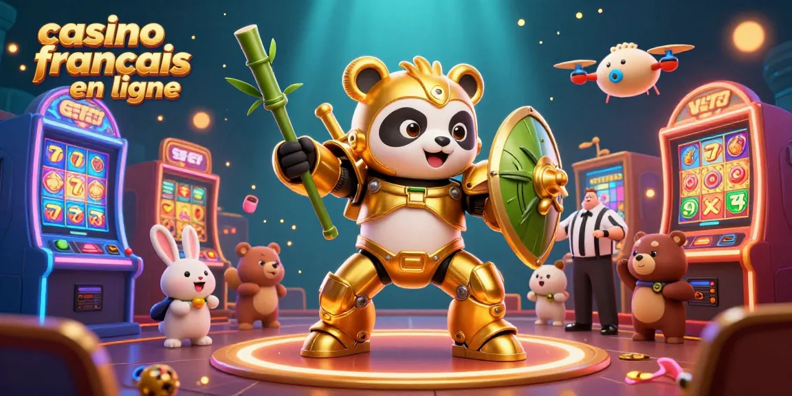 Jouez au casino français en ligne avec une illustration dynamique d'un panda doré dans un robot de combat rempli de machines à sous.