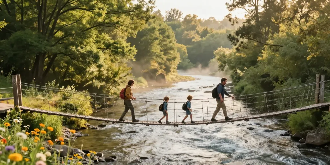 Family crossing a River Rope Bridge amidst a scenic river landscape, enjoying nature.